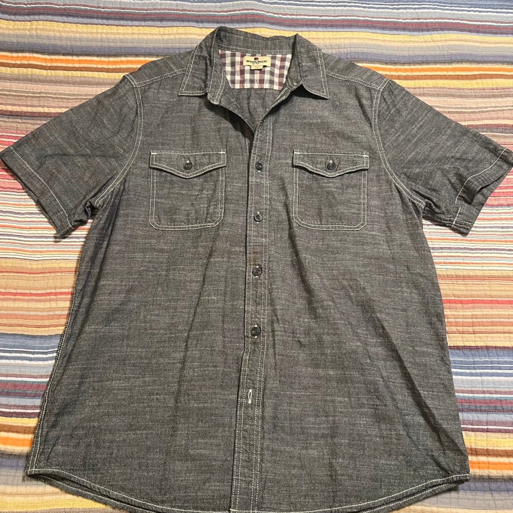 Woolrich Mens‎ Short Sleeve Button Up Shirt Dark Gray Chambray Workwear L G